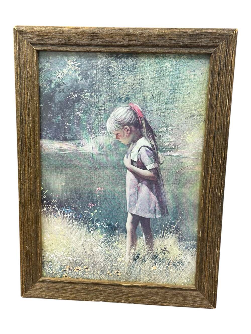 Vintage Art Print of a Girl Standing by a Lake in a Rustic Wooden Frame